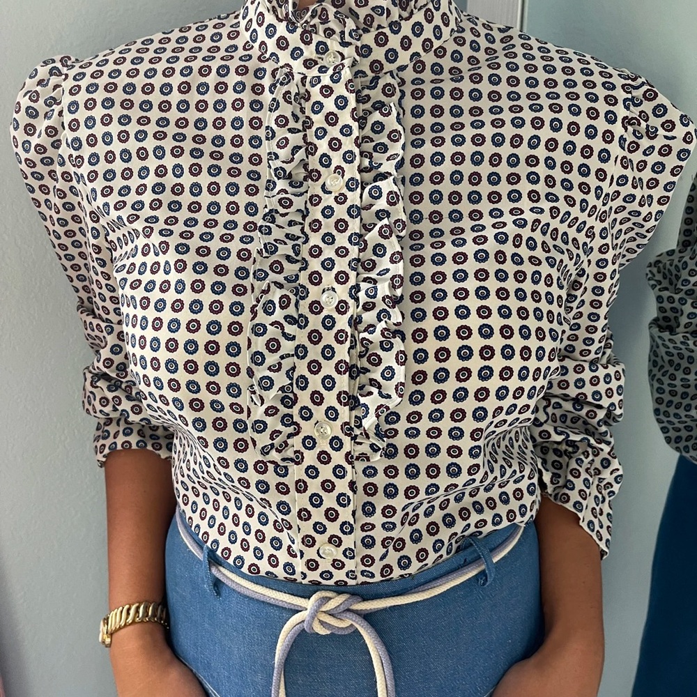 Vintage Ruffled Patterned Blouse 70s - Picture 3 of 4